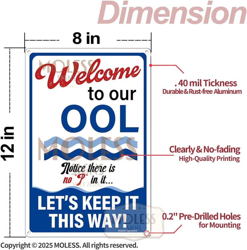 MOLESS 2 Pack Pool Signs – 12x8 Inch Welcome To Our Ool & Funny Pool Rules Sign Safety, Durable 0.040 Aluminum, Easy to Mount, PSP-2401 - Image 2